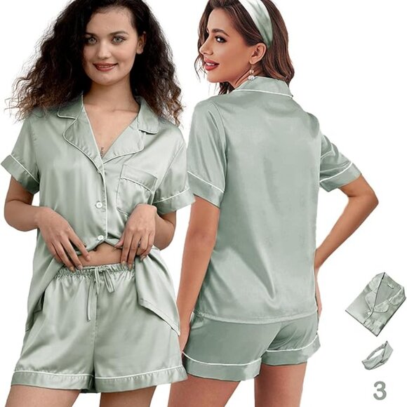3Pcs Silk Pajamas XS-4XL Womens Satin Pajama Short Floral Sleepwear